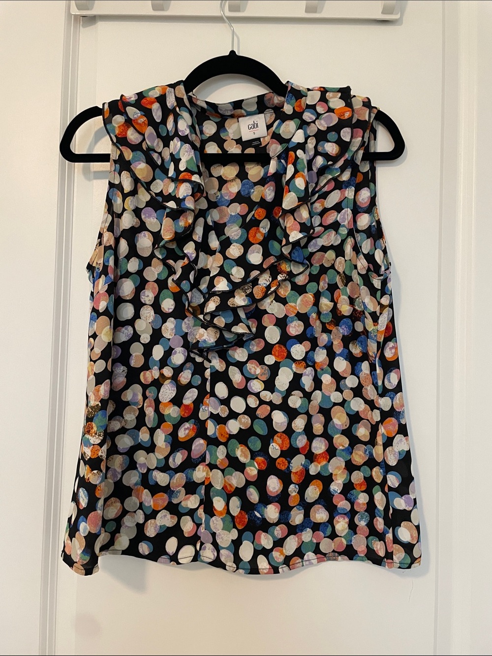 CAbi Black Multicolor Polka Dot Ruffle V-Neck Sleeveless Camisole